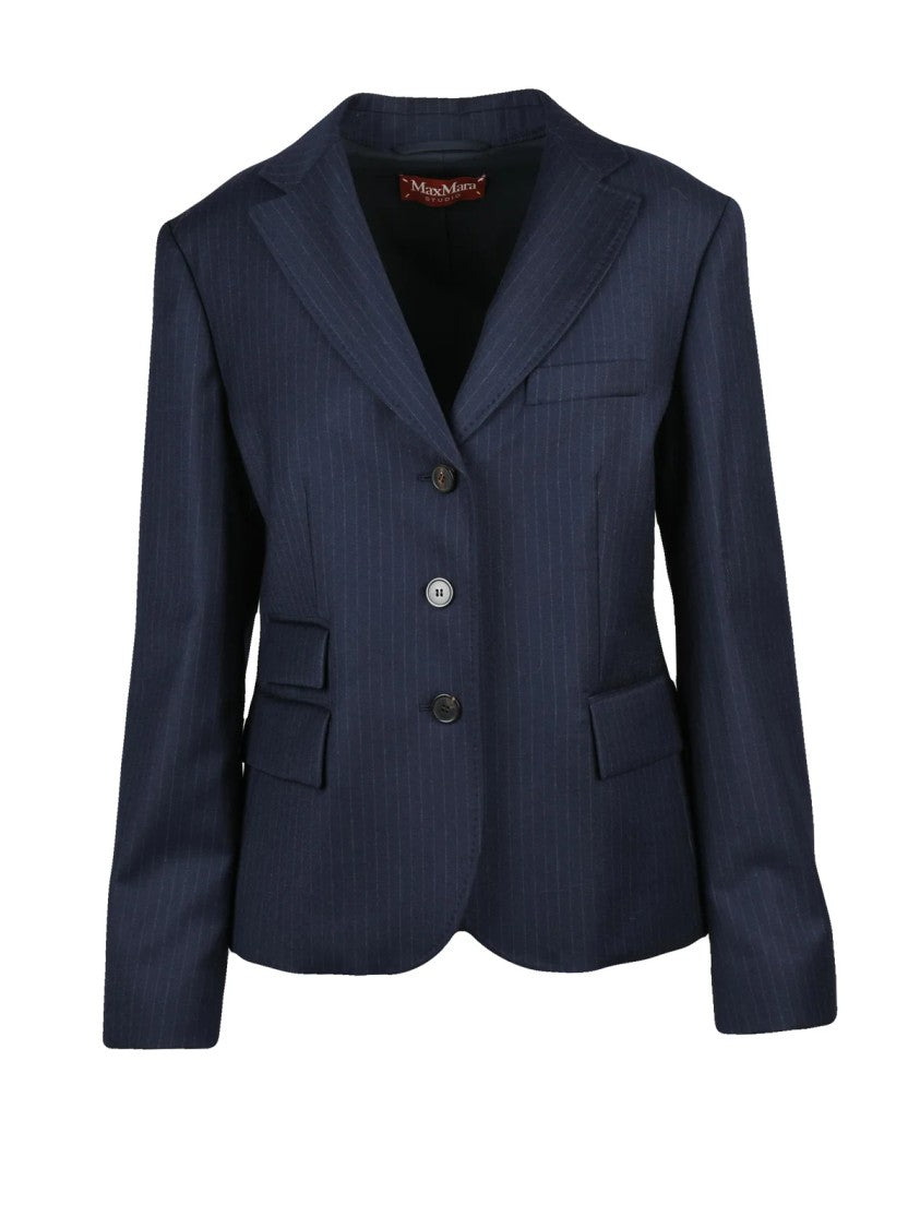 Max Mara Blue Stretch Virgin Wool Button Jacket