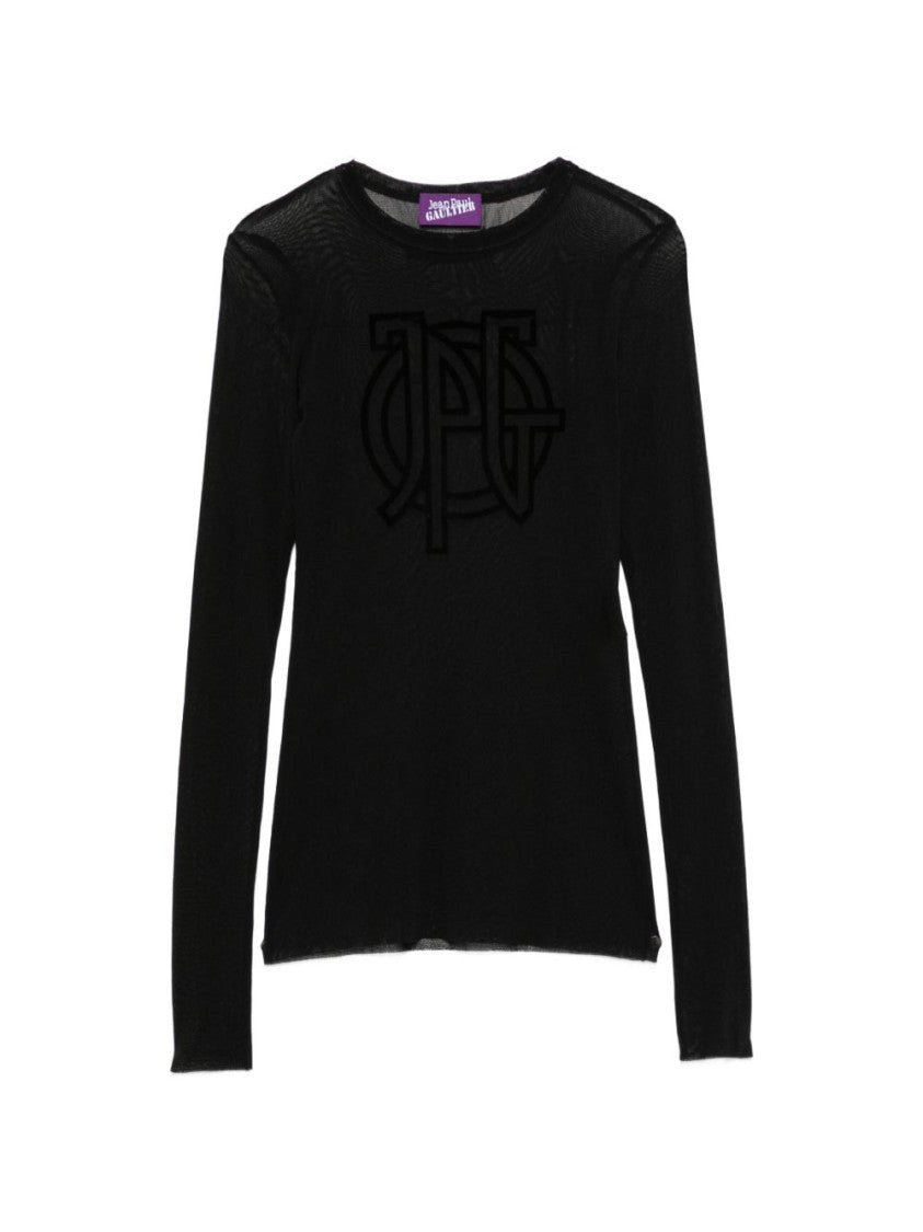 Jean Paul Gaultier Black Sheer Mesh Velvet Logo Long-Sleeved Top