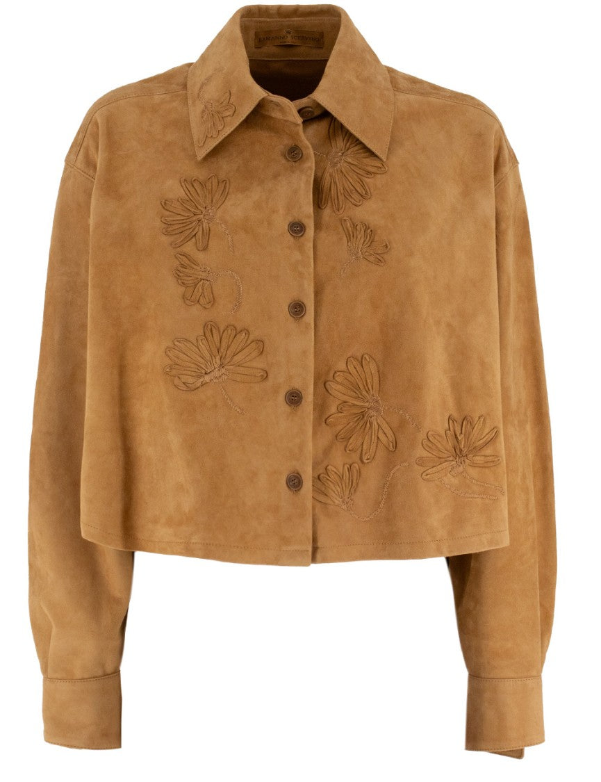 Ermanno Scervino Brown Long-Sleeved Shirt With Floral Appliqués