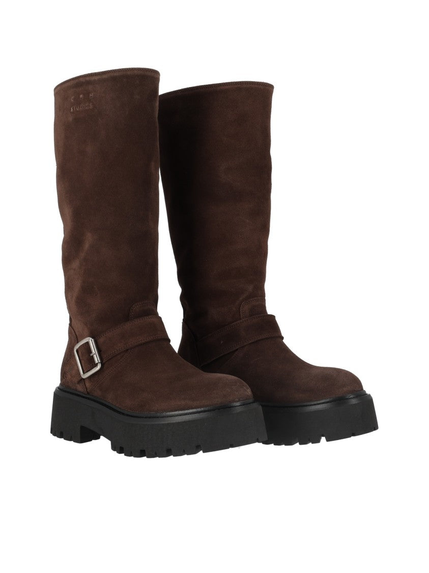 Copenhagen Brown Decorative Strap Suede Mid-Calf Boots