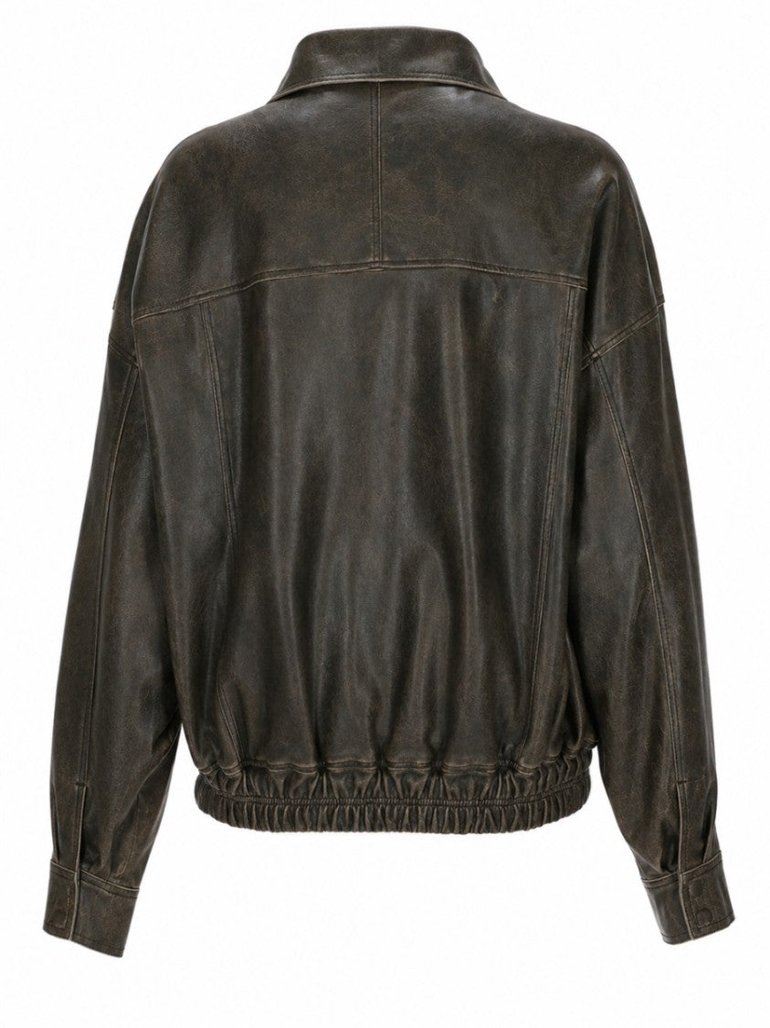 Alysi Brown Vintage Leather Bomber Jacket With Classic Collar