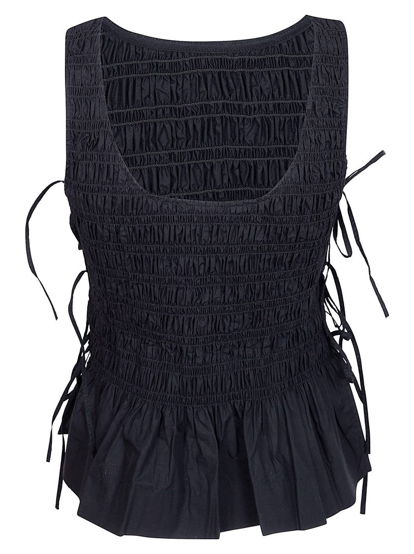 Ganni Textured Black Cotton Poplin Top With Ruched Details