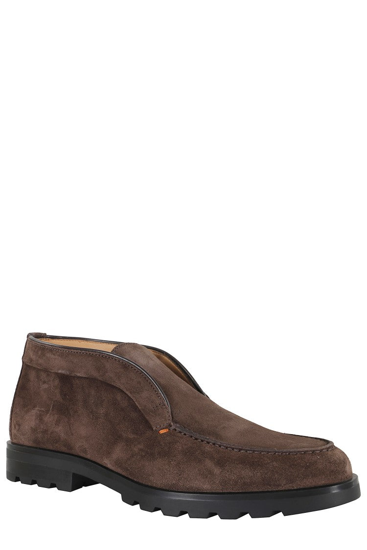 Santoni Brown Suede Ankle Boots With Almond Toe Design