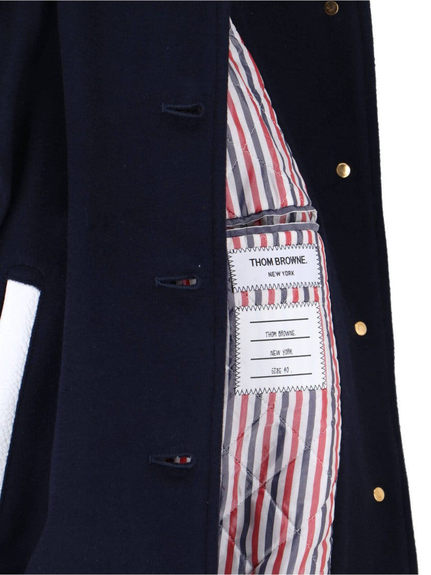 Thom Browne Navy Wool Varsity Leather Sleeve Jacket