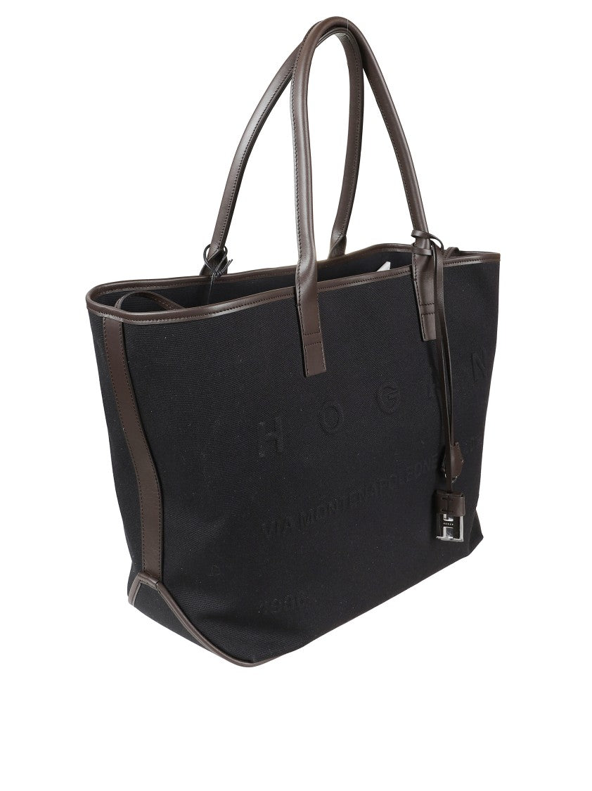 Hogan Structured Black Canvas Tote Bag With Embossed Branding
