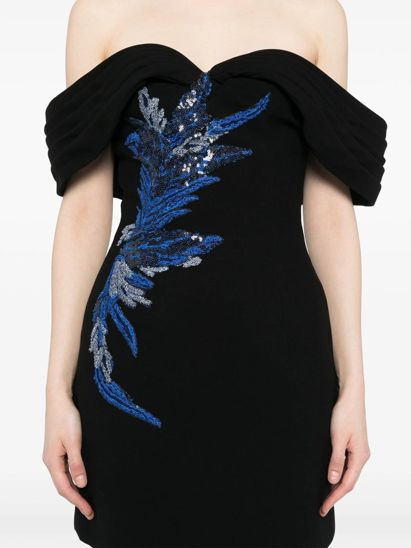 Saiid Kobeisy Jet Black Off-Shoulder Short Dress With Spectrum Embellishments