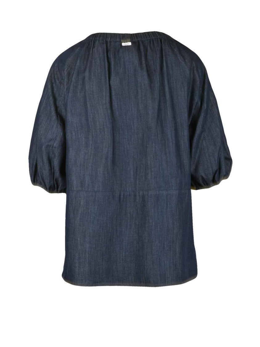 Max Mara Blue Cotton Puff-Sleeve Blouse