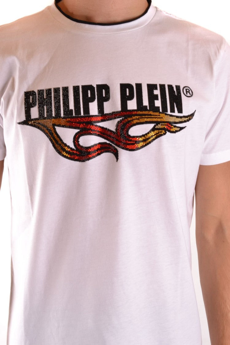 Philipp Plein Graphic White T-Shirt With Flame Motifs