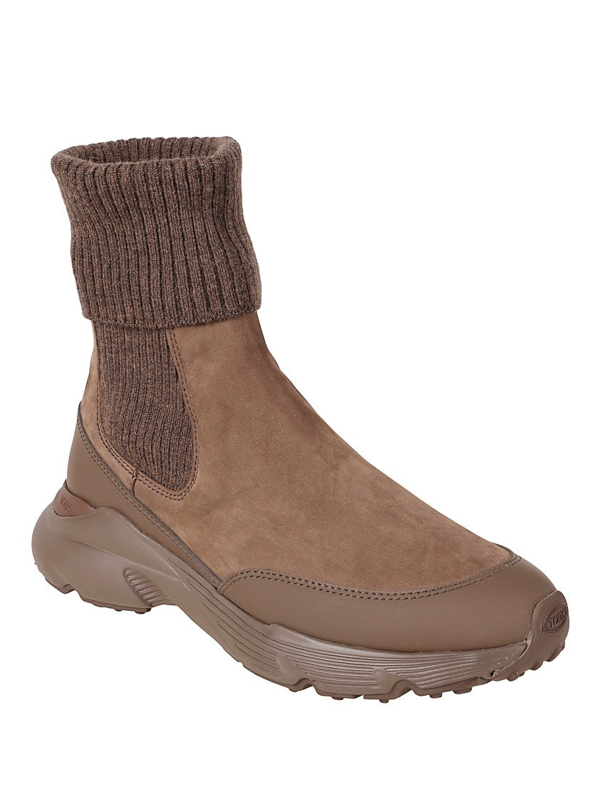 Tod's Streamlined Calfskin Boots With Knitted Cuff And Textured Sole