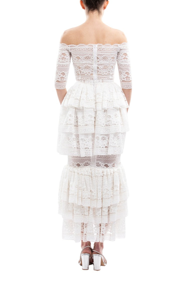 Saiid Kobeisy Off-White Lace Top With Ruffled Midi Skirt
