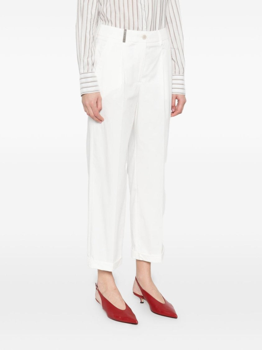 Peserico Cropped White Straight-Leg Trousers With High Waist And Buttoned Flap Pockets