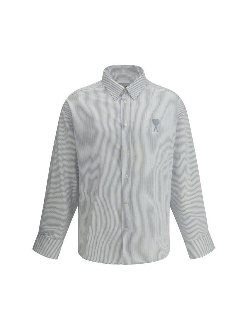 Ami Paris Long-Sleeve White Shirt With Subtle Vertical Stripes
