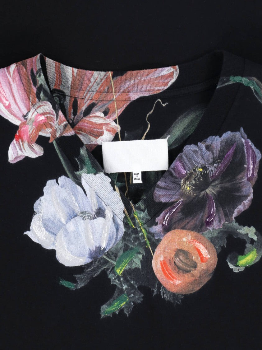 Maison Margiela Black V-Neck Floral Print T-Shirt