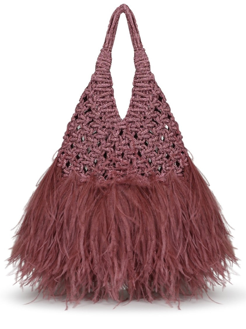 Hibourama Woven Textured Handbag With Ostrich Feather Accents
