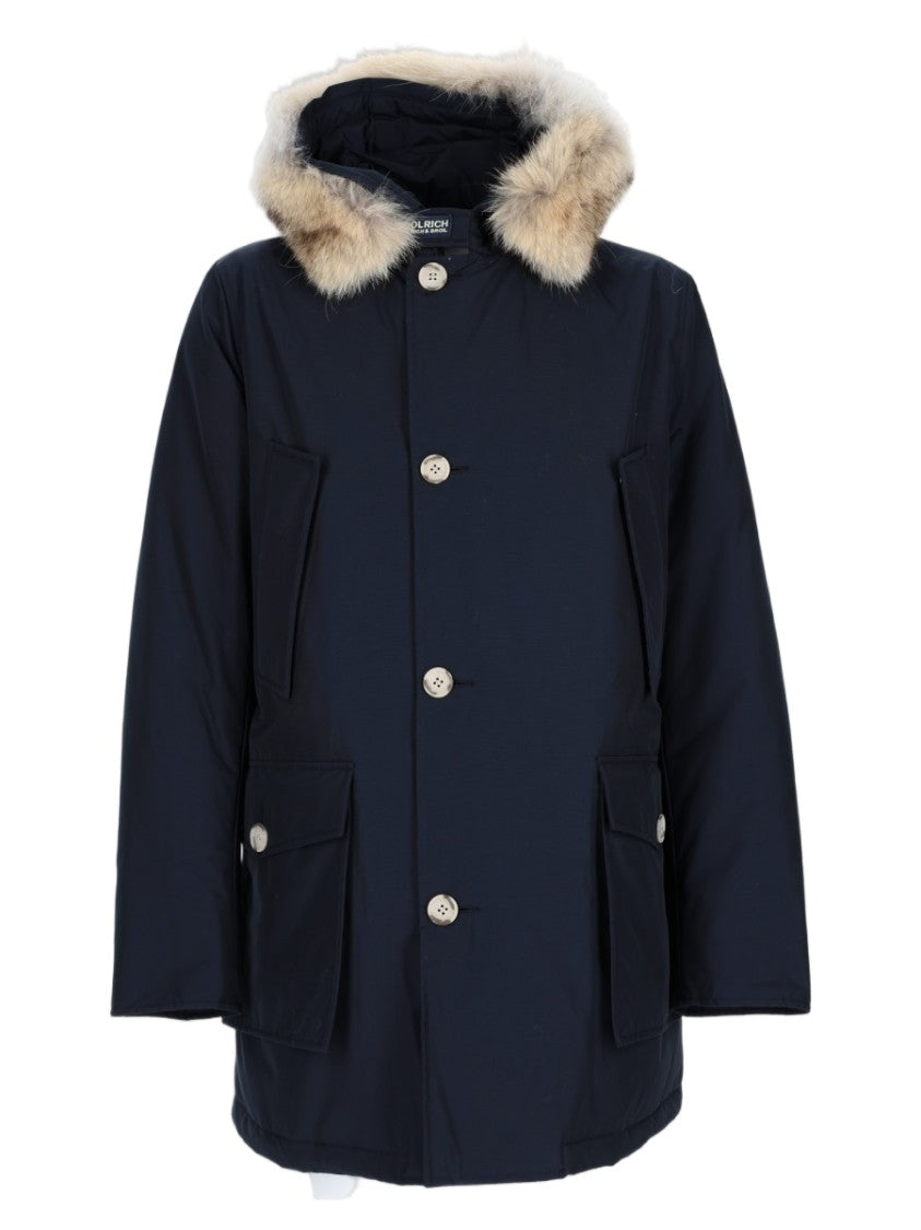 Woolrich Deep Blue Hooded Jacket With Faux Fur Trim