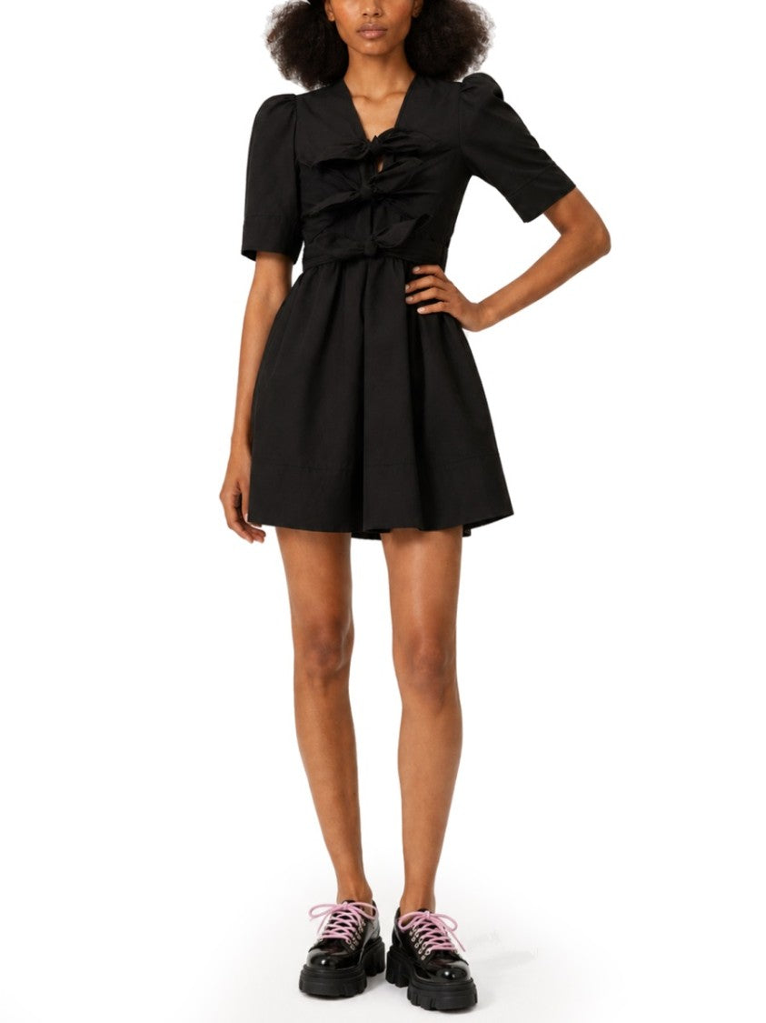Ganni Neutrals Short Puffed Sleeves Bows Mini Dress