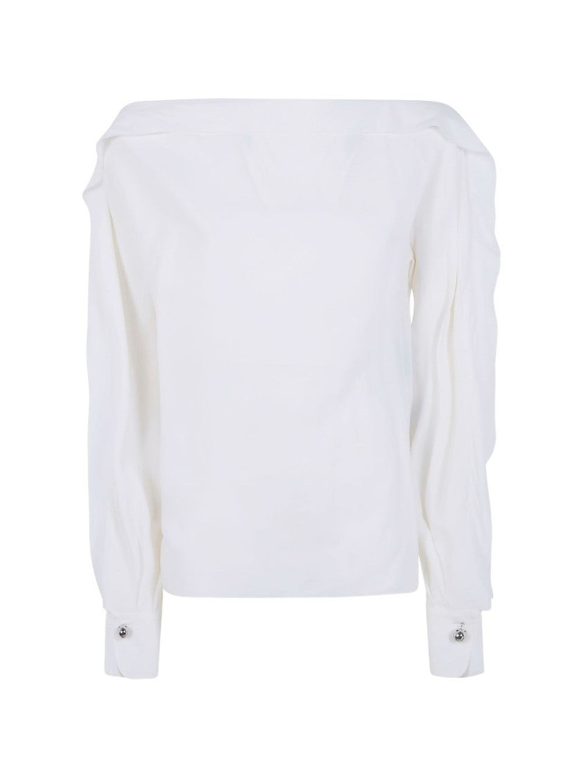 Lanvin White Off-Shoulder Ruffled Long Sleeve Top