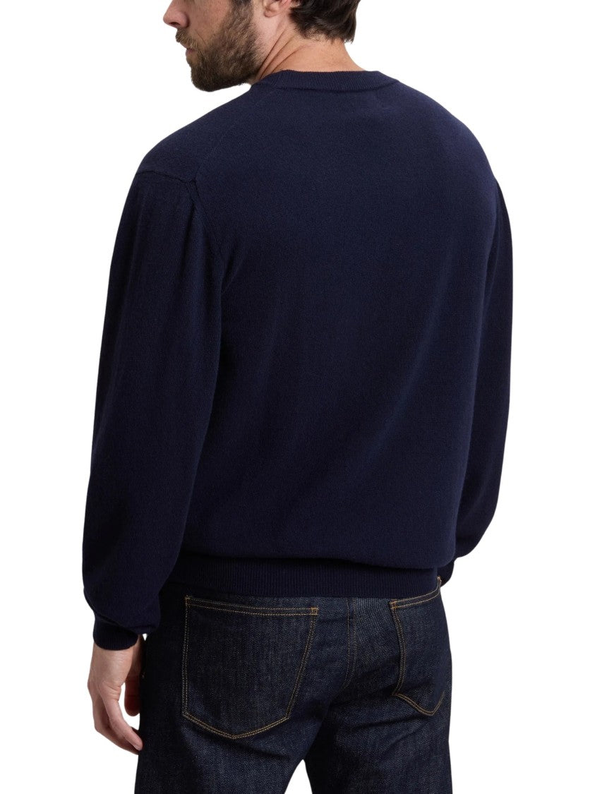 Woolrich Classic Dark Navy Crew-Neck Sweater With Ribbed Finishing
