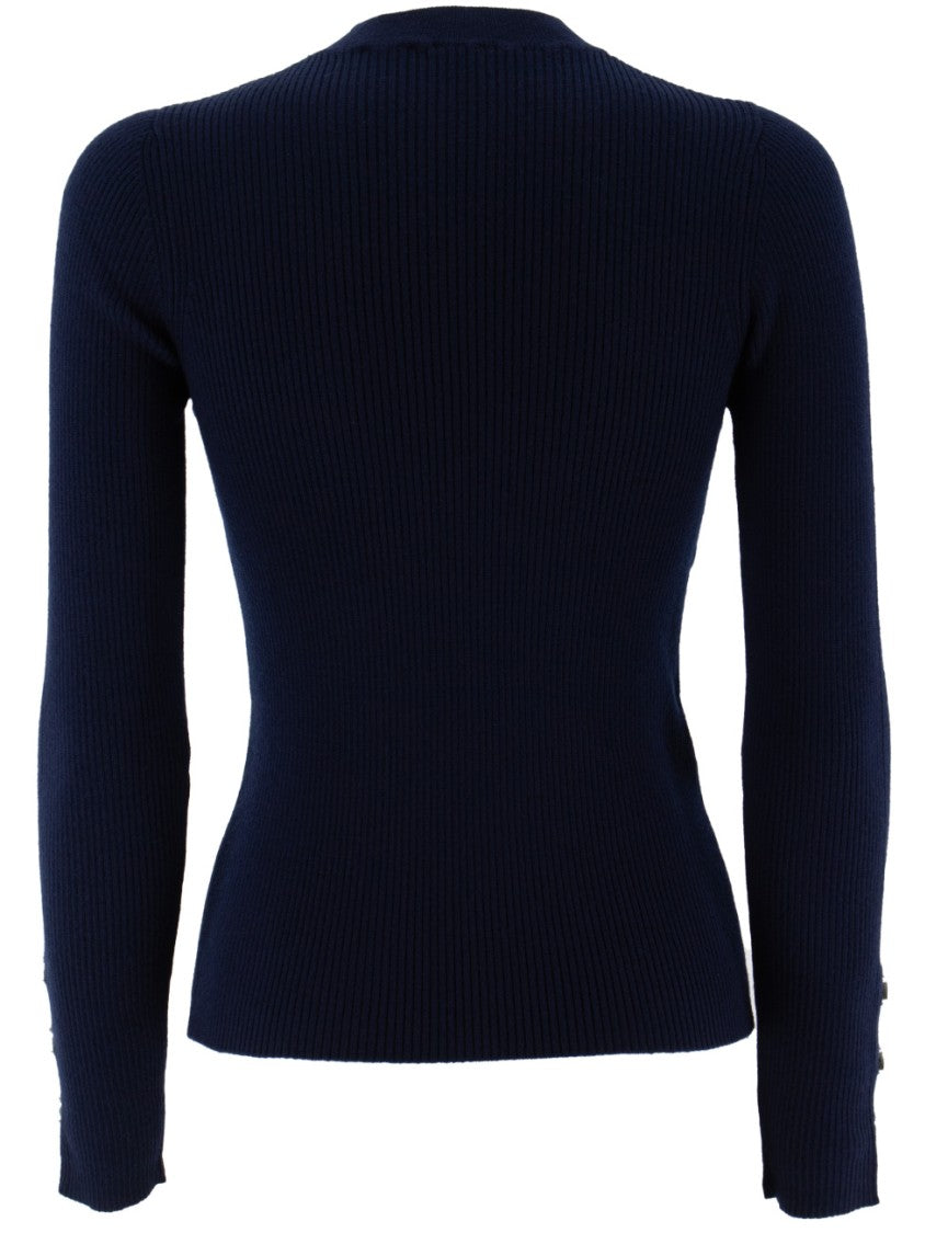 Pinko Navy Blue Ribbed Knit Wool Sweater With Cut-Out Details