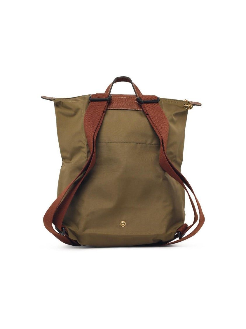 Longchamp Compact Olive Tela Backpack With Leather Flap And Adjustable Straps