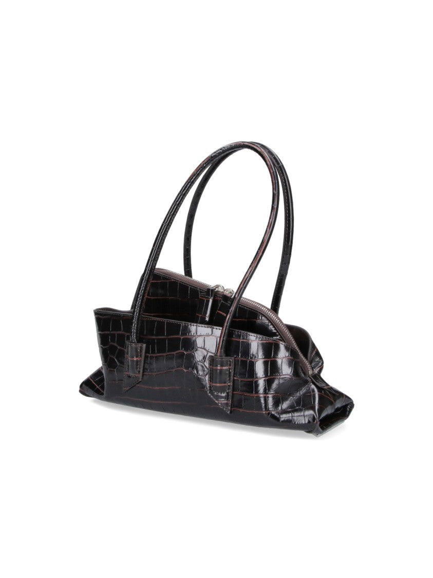 The Attico Glossy Crocodile-Embossed Black Handbag With Structured Handles