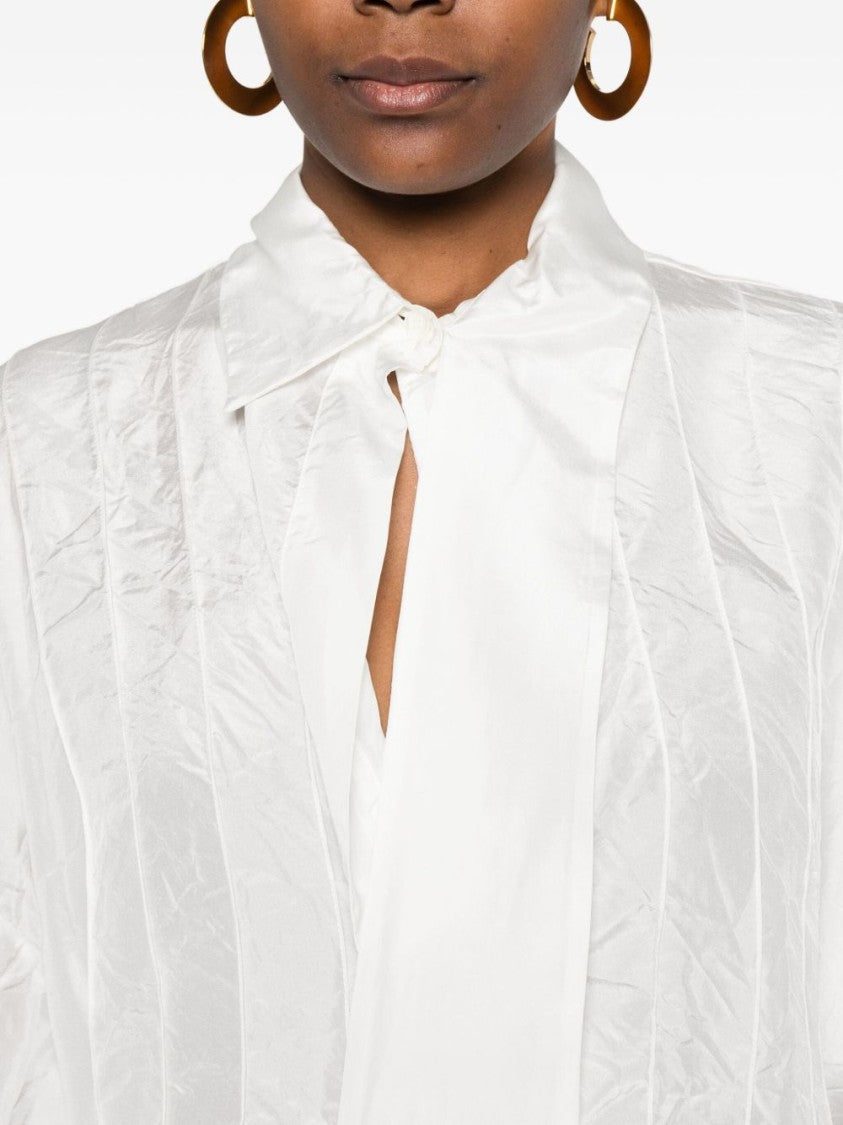 Lanvin White Tie Neck Pleated Silk Top