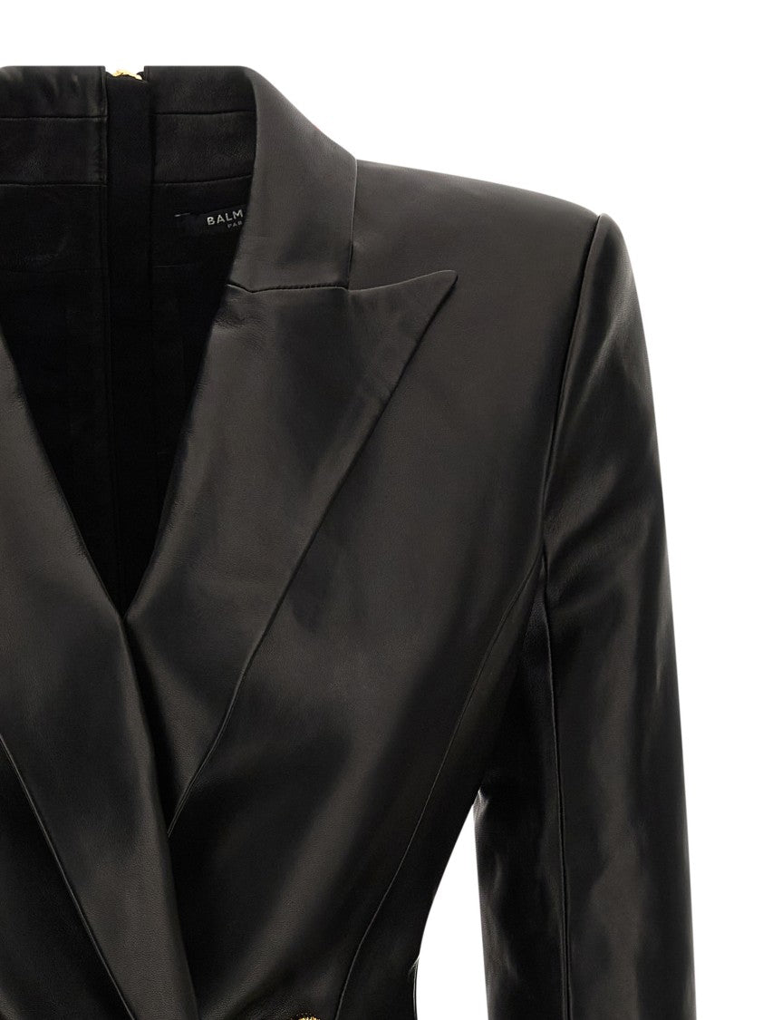 Balmain Double-Breasted Leather Mini Dress With Peak Lapels And Flap Pockets