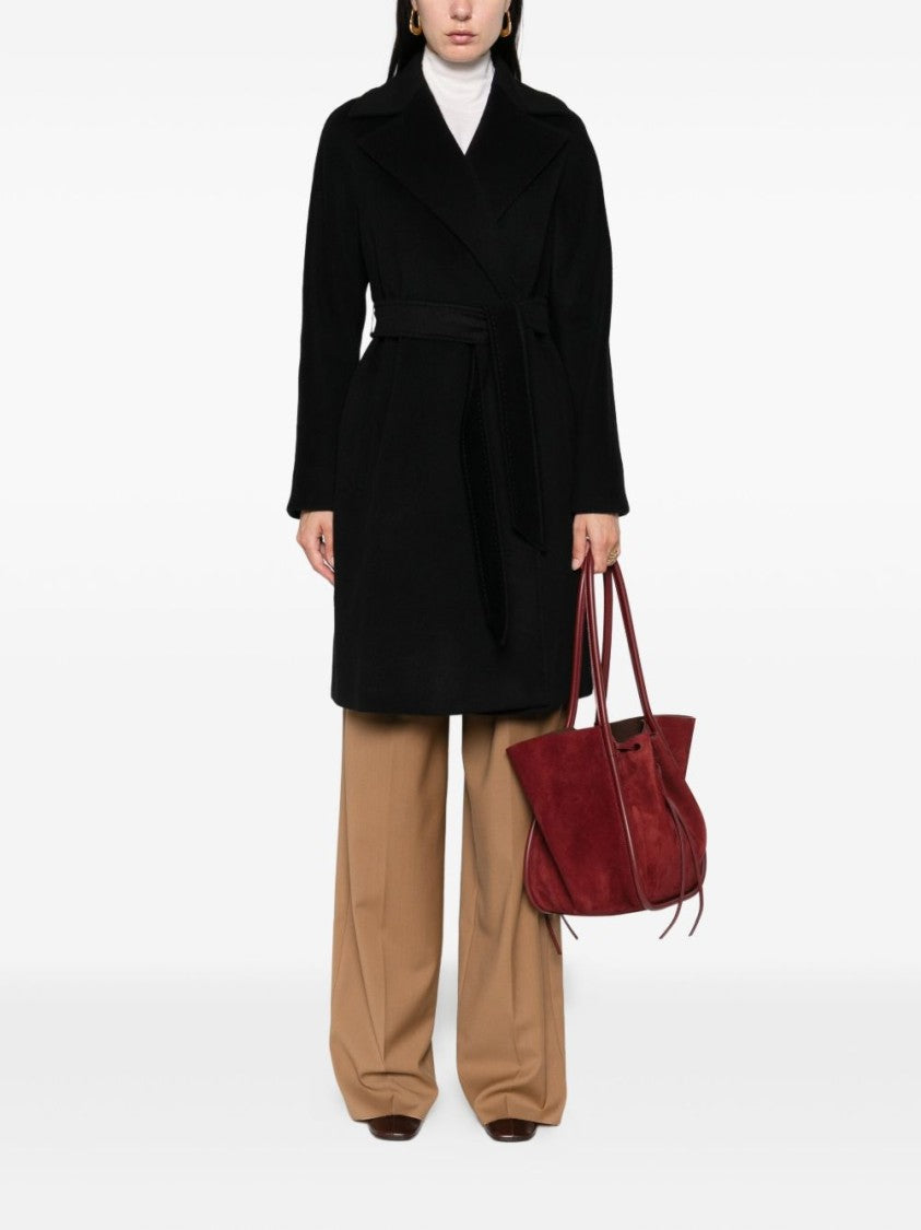 Max Mara Belted Black Overcoat With Wide Lapels