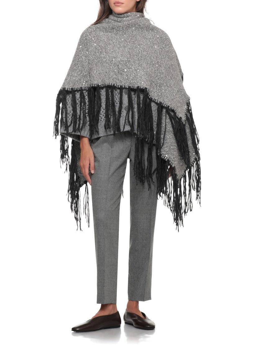 Peserico Textured Grey Cape With Lurex Motif And Fringed Hem