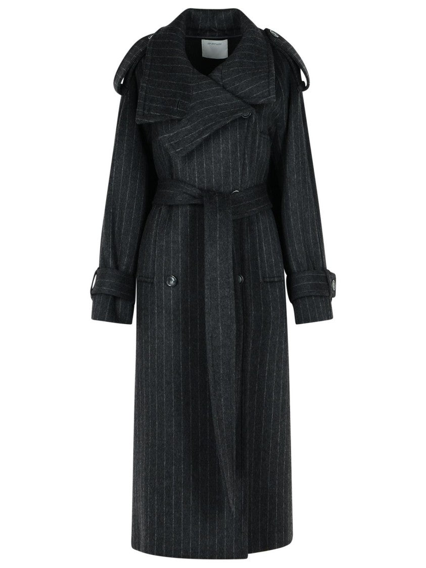 Sportmax 'Arold' Pinstripe Trench Coat In Pure Anthracite Wool