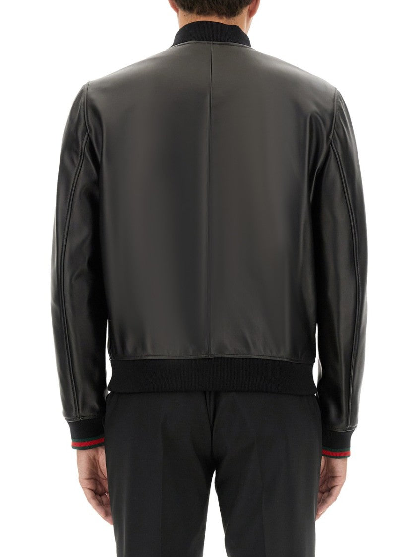 Gucci Smooth Lamb Leather Bomber Jacket With Ribbed Details
