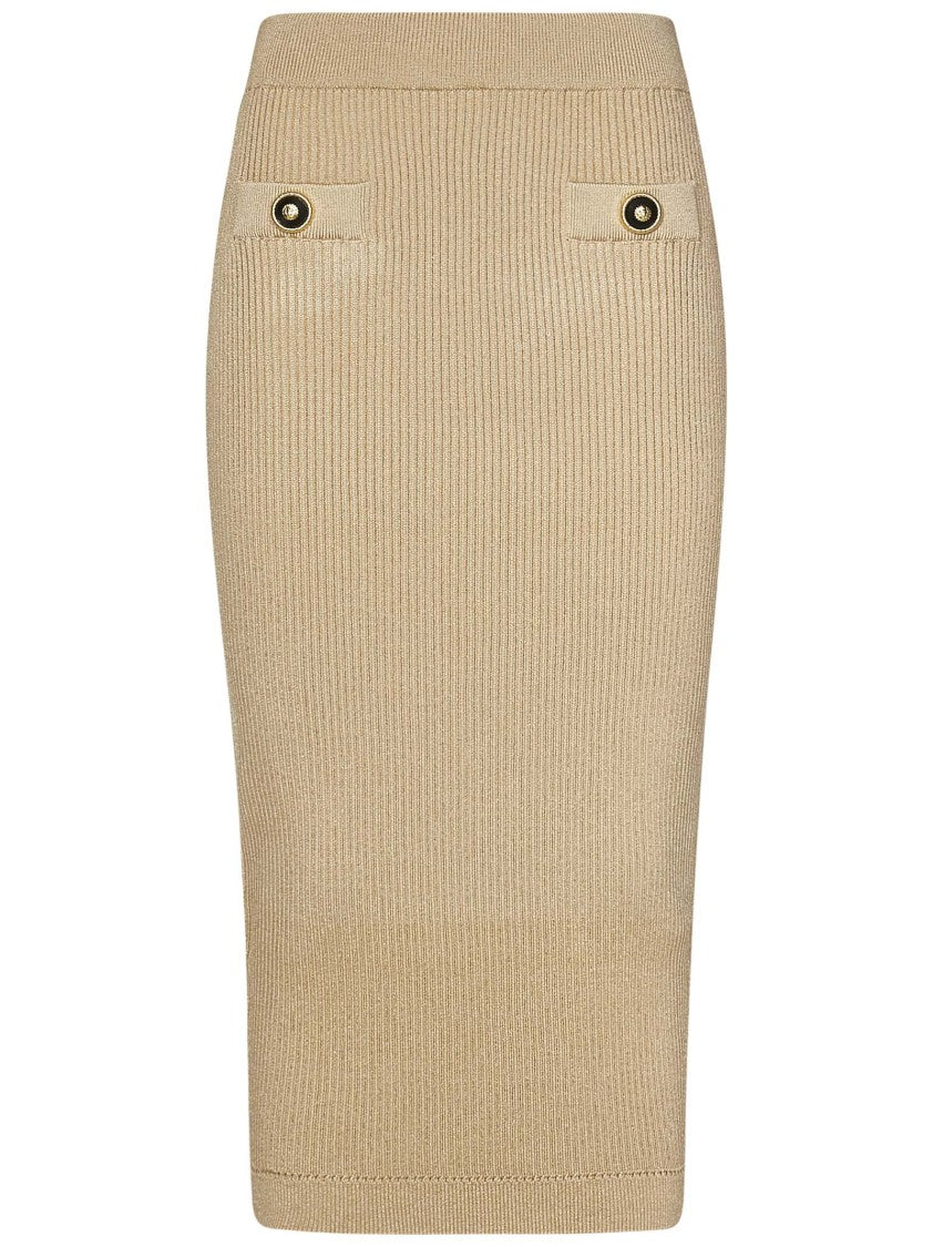 Balmain Ribbed Nude Viscose Blend Midi Skirt