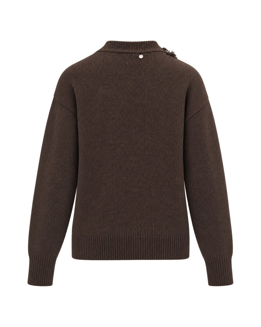 Liu Jo Brown Melange Rhinestone Ribbed Turtleneck Sweater
