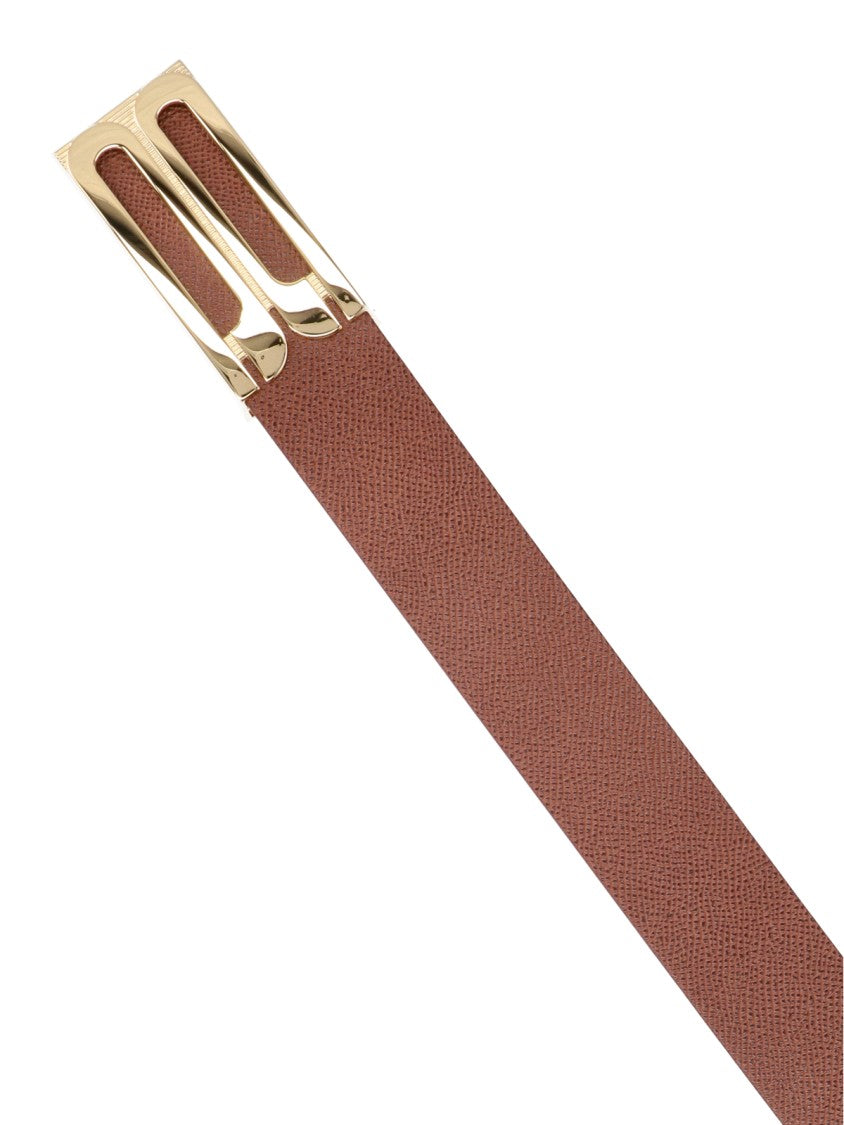 Victoria Beckham Textured Brown Strap With Polished Gold-Tone Buckle Belt