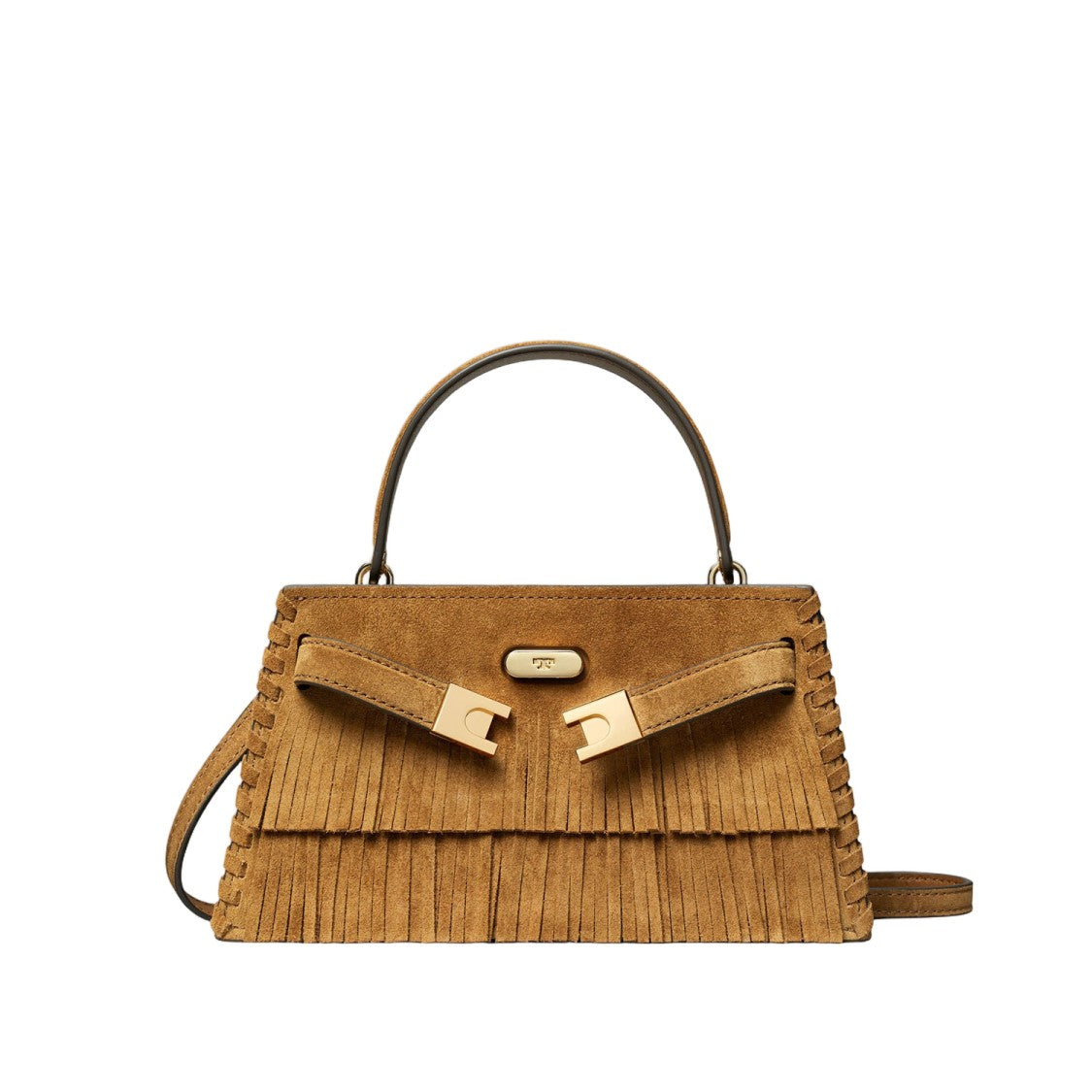 Tory Burch Fringed Structured Suede Handbag With Multi-Compartment Design