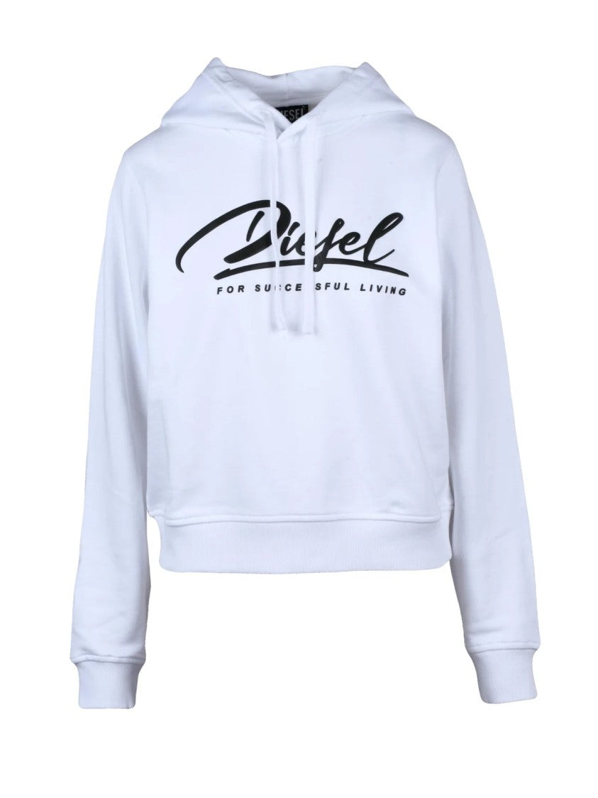 Diesel Cropped White Hooded Sweatshirt With Bold Logo And Ribbed Cuffs