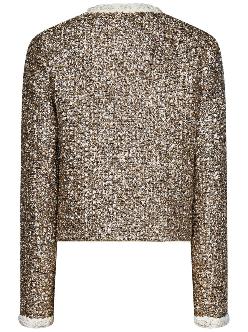 Giambattista Valli Metallic Textured Jacket With Floral Trim And Pockets