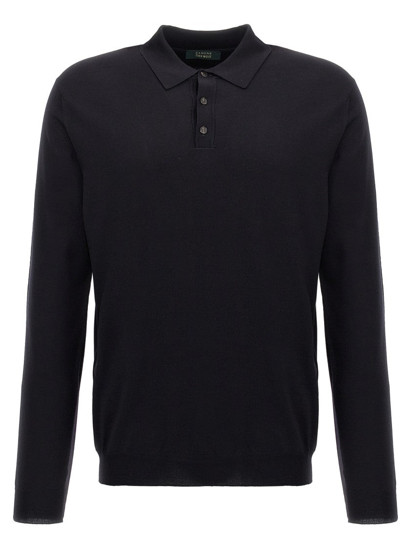Zanone Blue Wool Knit Polo Shirt With Classic Collar And Cuffed Sleeves