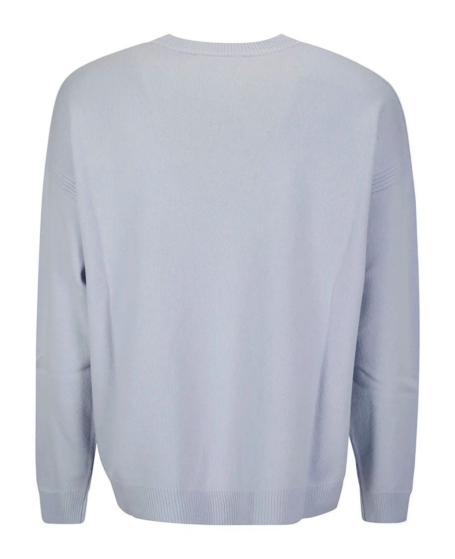 Maison Kitsuné Light Blue Wool Sweater With Classic Crew Neckline And Intricate Embroidery