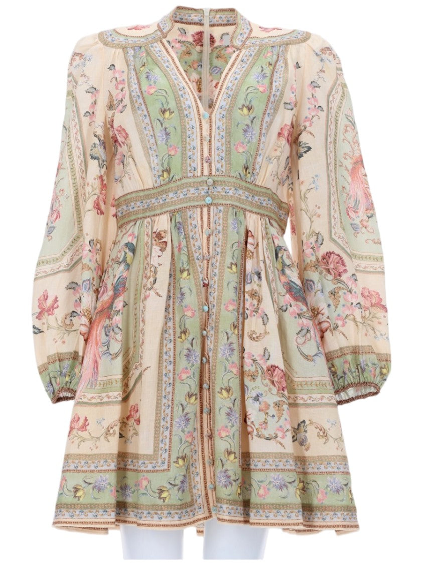 Zimmermann Roselight Pastel Floral Deep V-Neck Linen Mini Dress