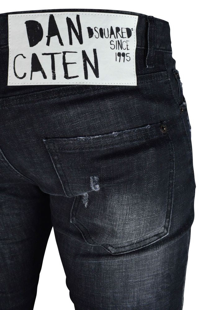 Dsquared2 Distressed Black Shorts With Leather Logo Patch