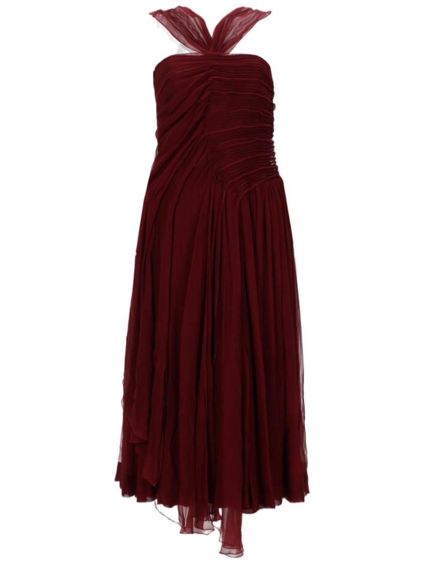 N°21 Burgundy Halter Strap Midi Dress With Ruched Bodice