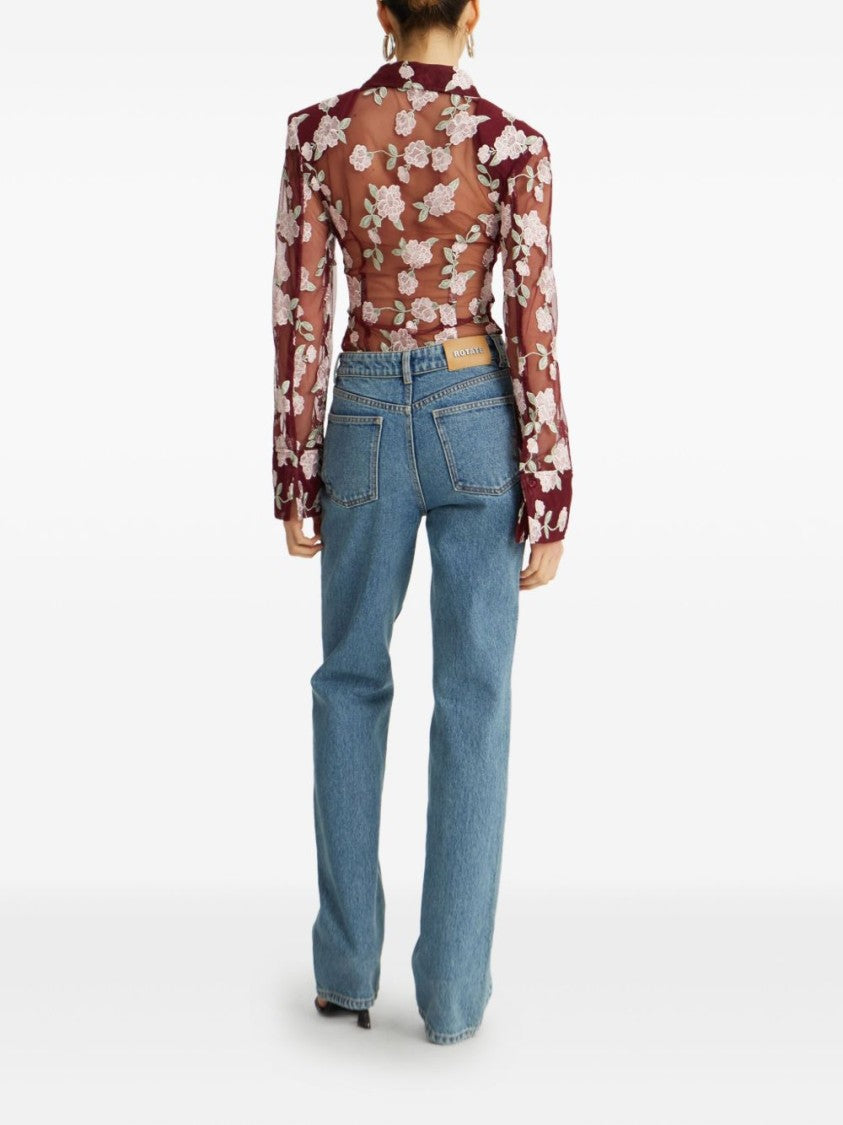 Rotate Sheer Floral Embroidery Shirt With Classic Collar