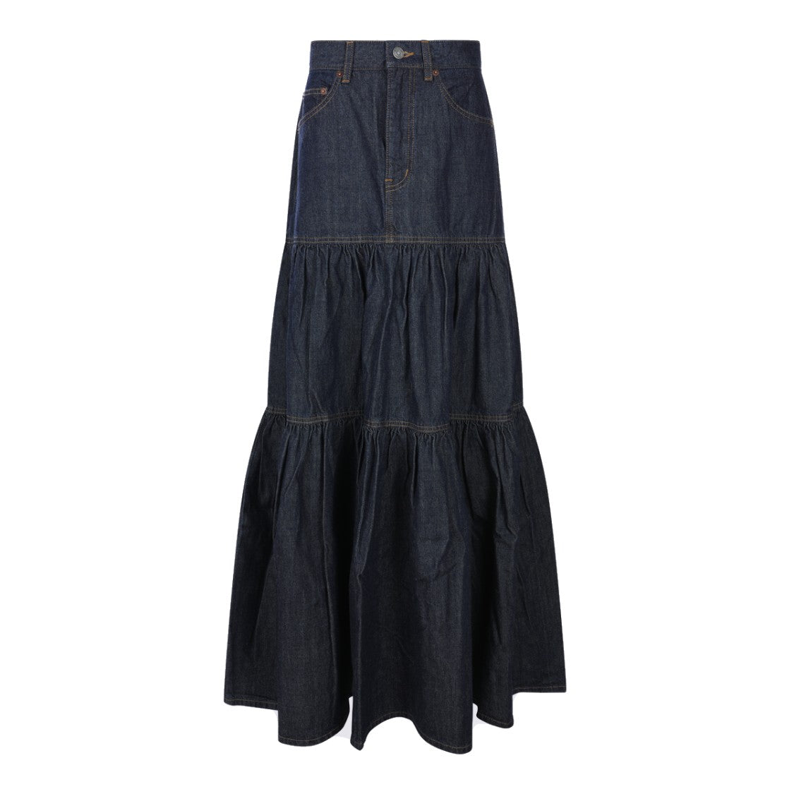 Saint Laurent Tiered Denim Five-Pocket Maxi Skirt