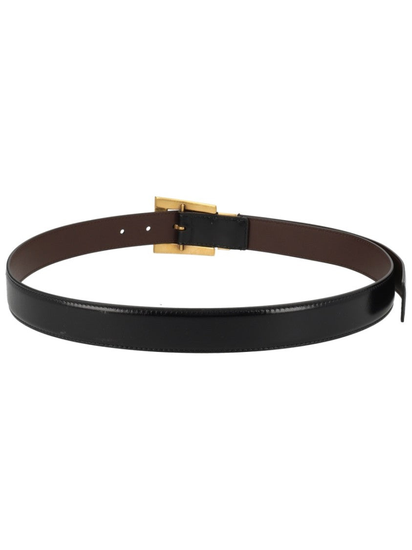 Versace Black Gold Rectangular Buckle Leather Belt
