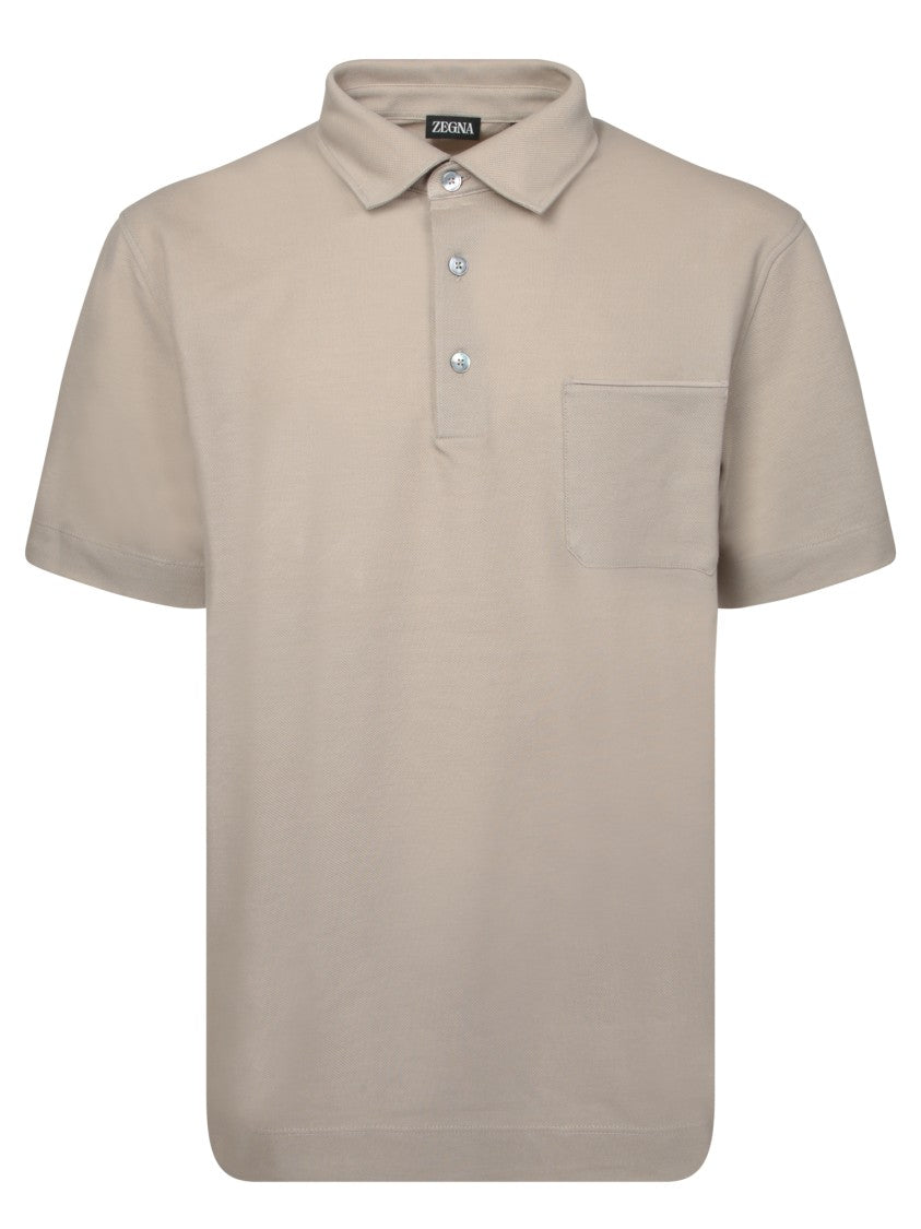 Zegna Beige Piquet Polo With Leather Trim