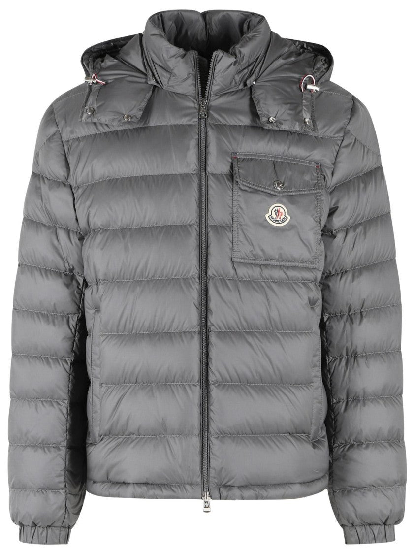 Moncler Quilted Grey Down Jacket With Removable Hood And Logo Patch