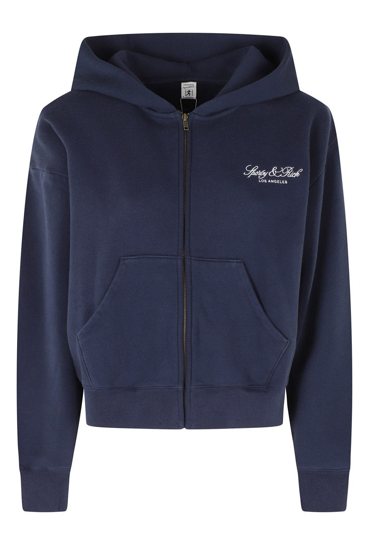 Sporty And Rich Blue La Contrast Embroidered Logo Zipped Cotton Hoodie