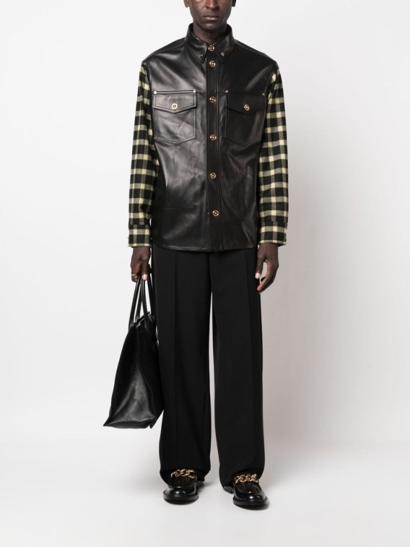 Versace Black Blouson Leather Checkered Sleeve Jacket