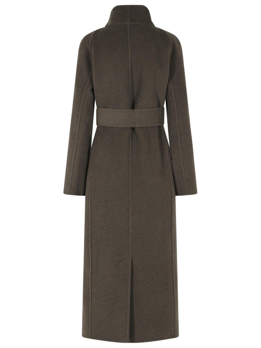 Khaite Raised Neck Green Wool Coat With Matching Belt And Side Pockets